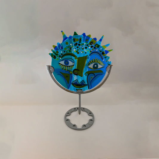 Gaia - Blue Abstract Face in Metal Stand