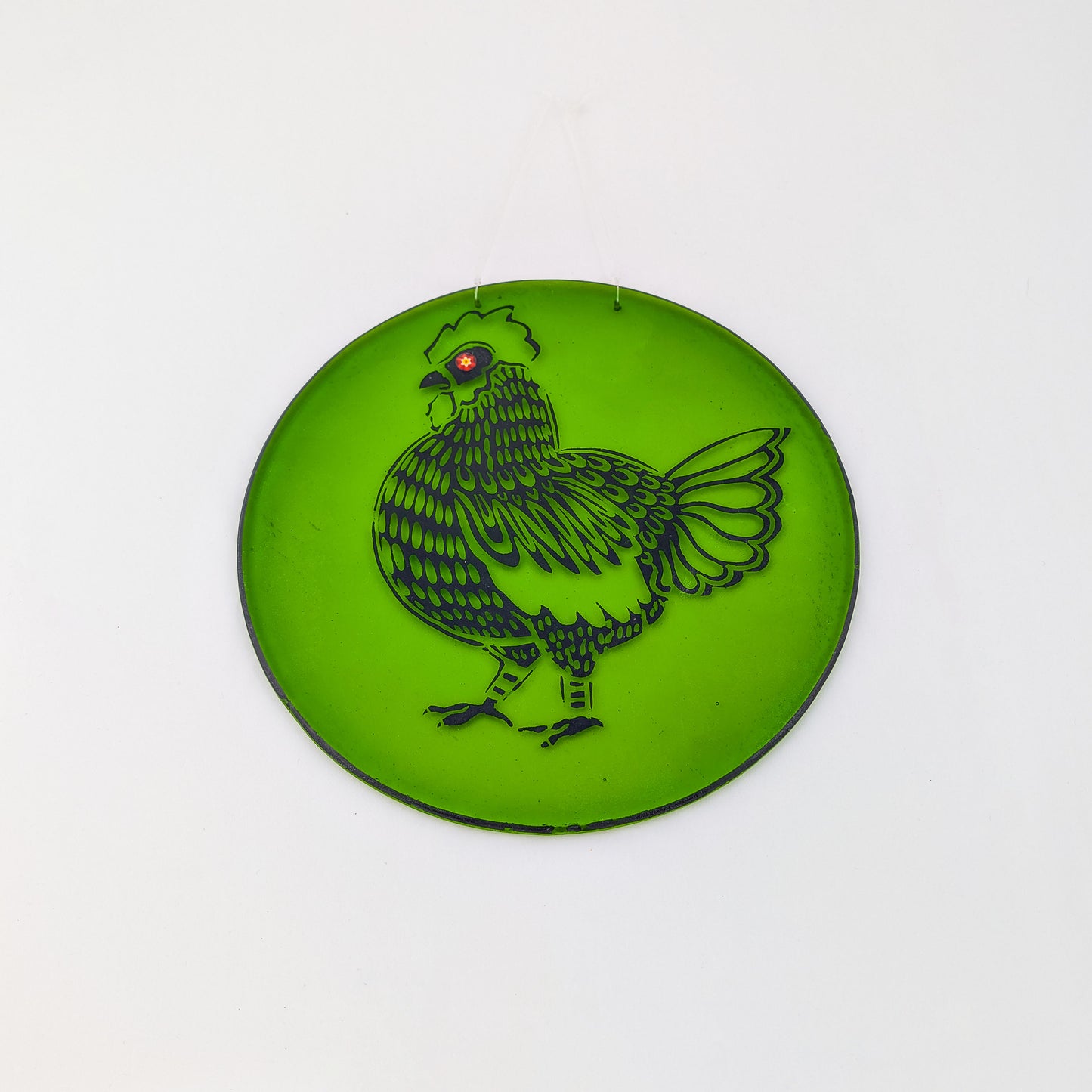 Chicken - Hand-painted on green glass hanging disc