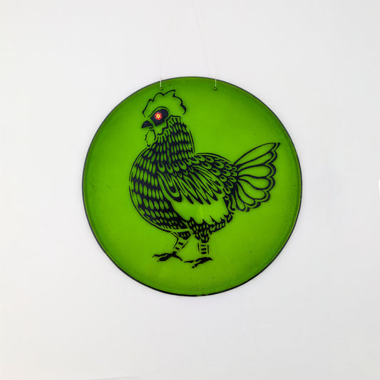 Chicken - Hand-painted on green glass hanging disc